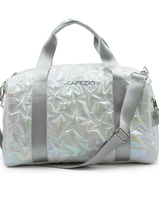 Iridescent metallic star design travel duffle bag with tote shoulder straps, an adjustable and detachable shoulder strap, and a Capezio logo on the side.