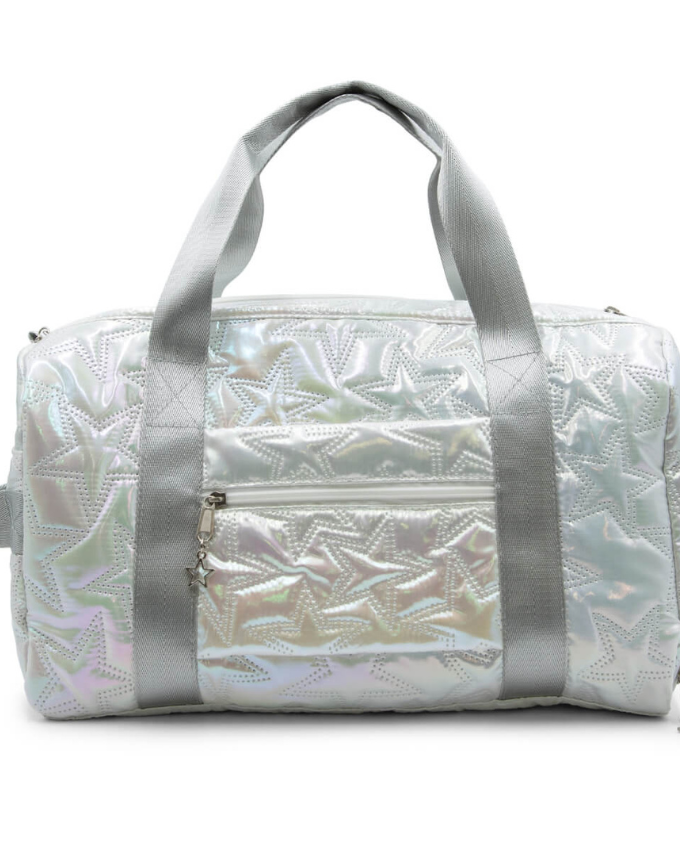Iridescent metallic star design travel duffle bag viewed from the back which shows a small outside zipper pocket.