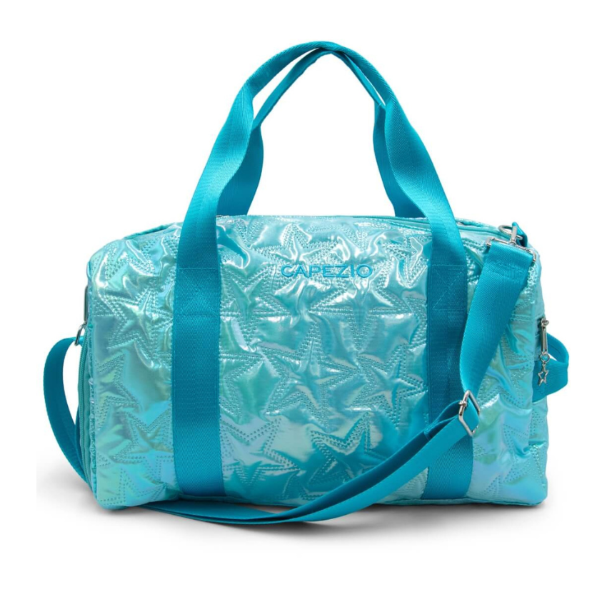 Iridescent turquoise star design travel duffle bag with tote shoulder straps, an adjustable and detachable shoulder strap, and a Capezio logo on the side.