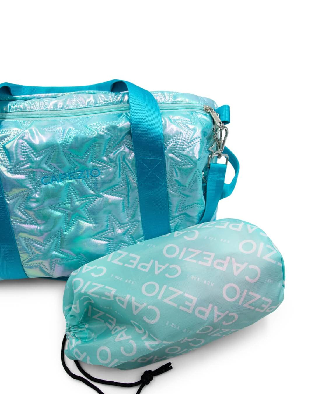 Shiny turquoise duffel bag with matching drawstring bag.