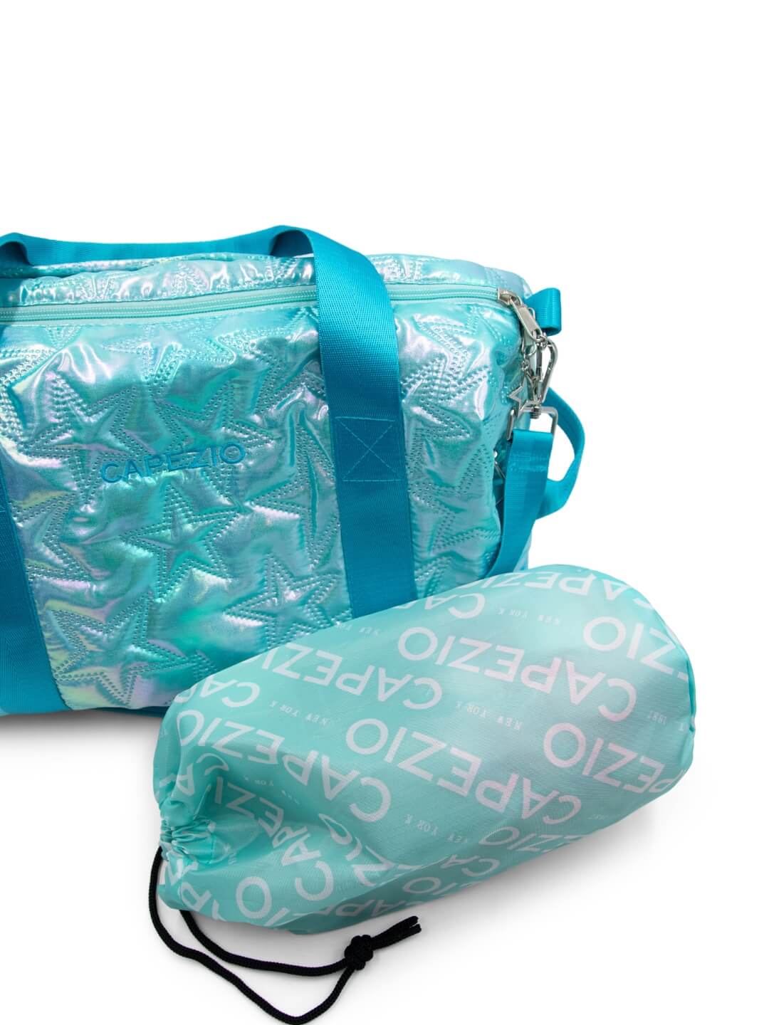 Shiny turquoise duffel bag with matching drawstring bag.