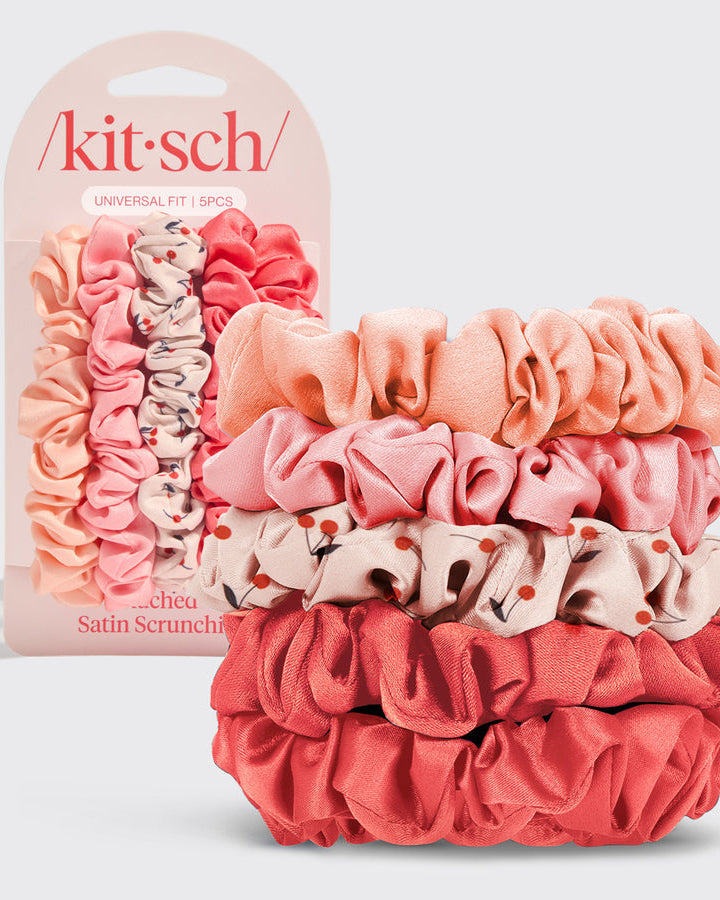 Set of five pink scrunchies with 'kit-sch' packaging.