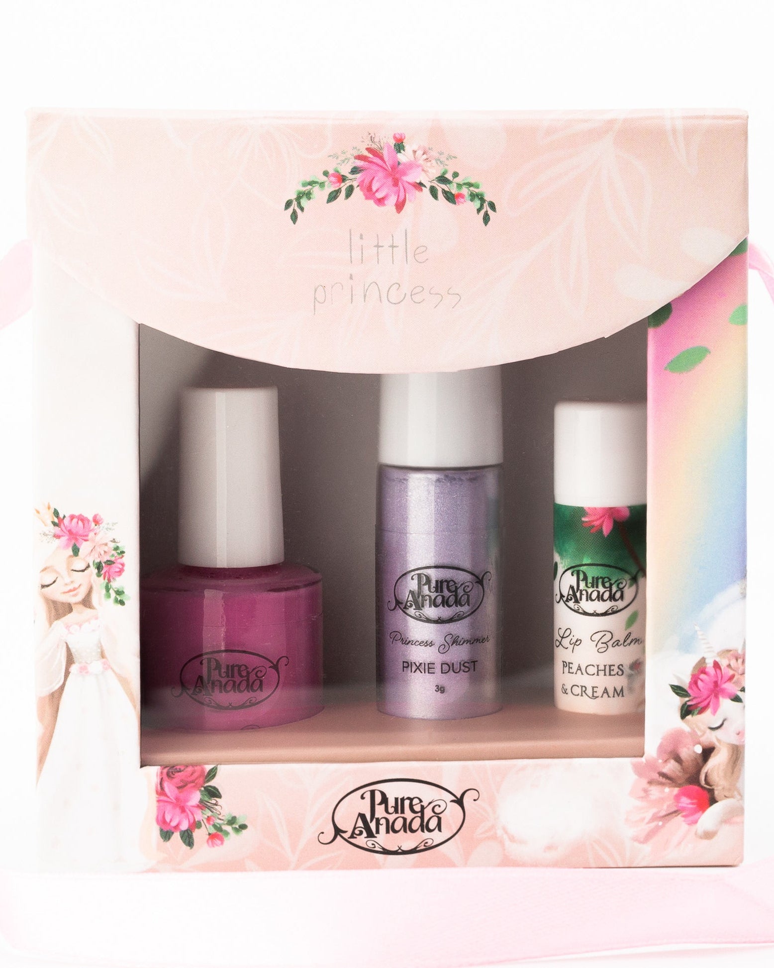 Set of three Pure Anada products in a decorative box with floral designs. One nail polish, one purple roll on glitter, and one lip balm in a peaches & cream flavour.