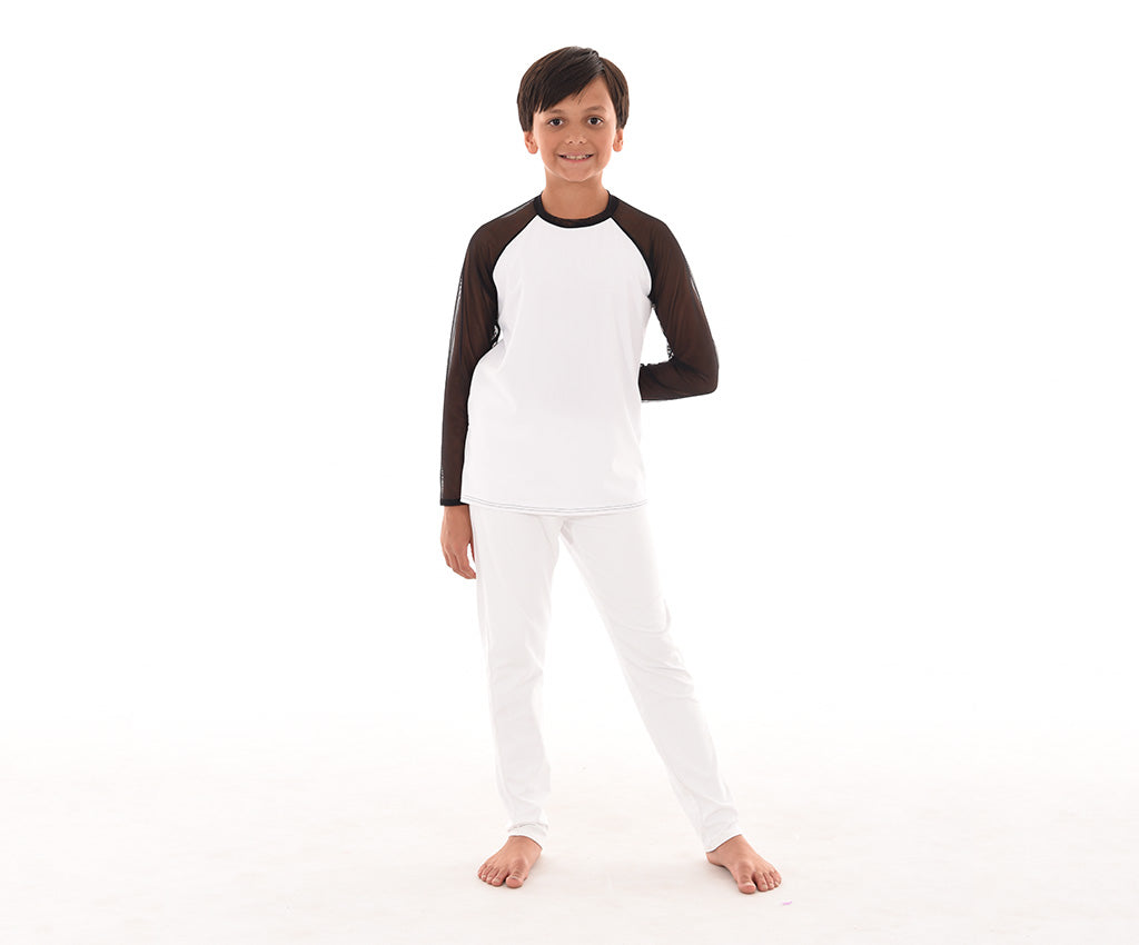 Boys Contrast Mesh Sleeve Top, Boys Fitted Dance Pants, White
