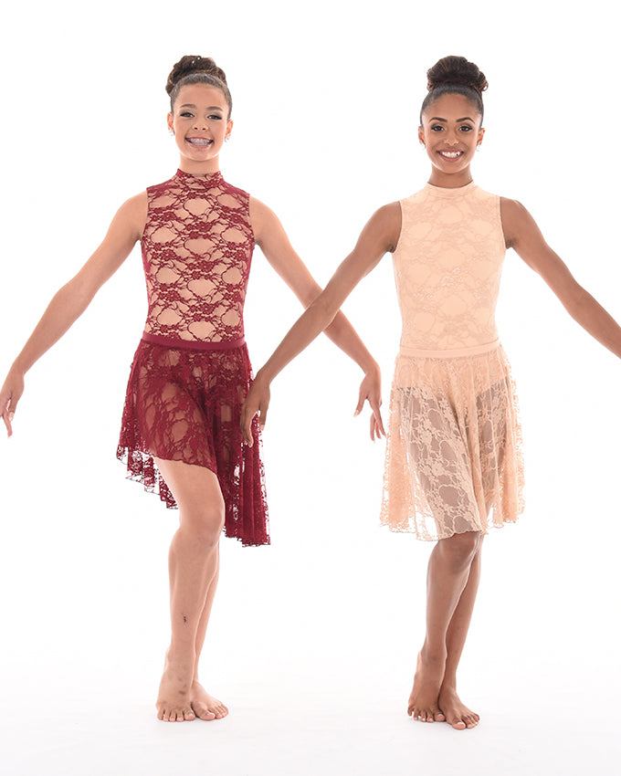Classics Lace Overlay Leotard, Lace Hi Low Circle Skirt, Burgundy, Nude, Duet