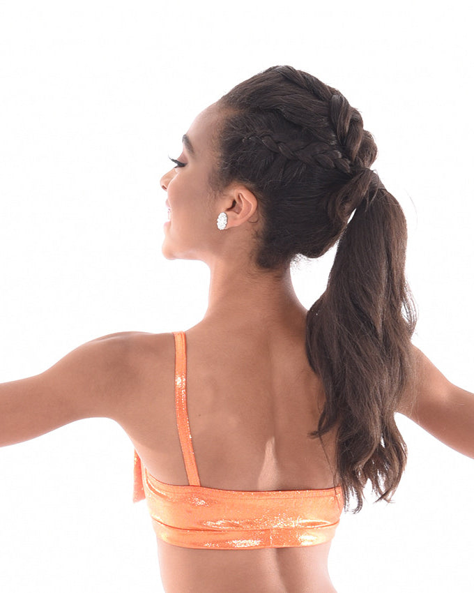 Kaleidoscope Adora-bow Bra Top, Orange, Rhinestone Floral Earrings, Back