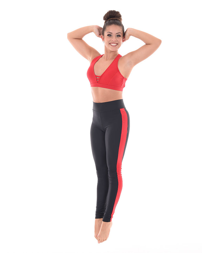 Plunge Cross-Back Top, Convention Slick Contrast Side Stripe Leggings, Red