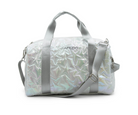 Iridescent metallic star design travel duffle bag with tote shoulder straps, an adjustable and detachable shoulder strap, and a Capezio logo on the side.