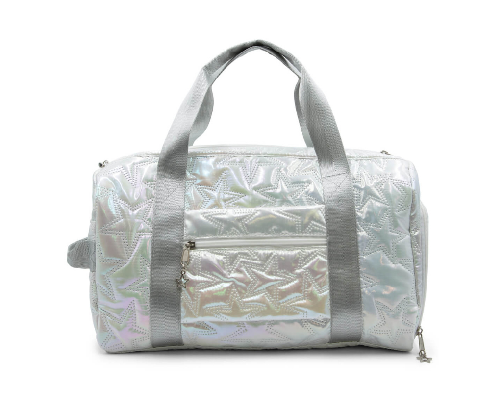 Iridescent metallic star design travel duffle bag viewed from the back which shows a small outside zipper pocket.