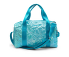 Iridescent turquoise star design travel duffle bag with tote shoulder straps, an adjustable and detachable shoulder strap, and a Capezio logo on the side.