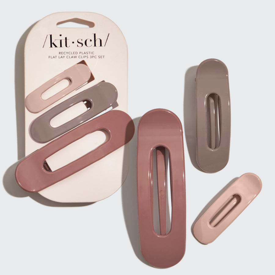 Set of three hair clips in pink and brown neutral hues with 'kit-sch' packaging.