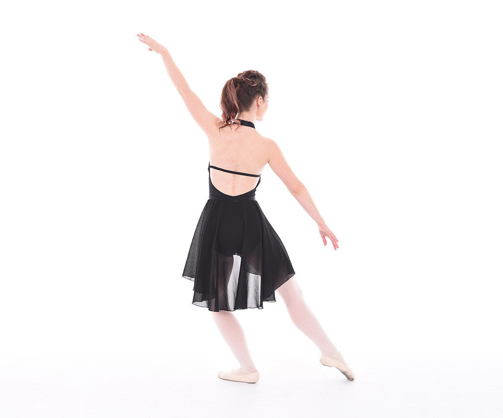 Supplex Raglan Halter Bodysuit, Georgette Hi Low Circle Skirt, Black, Back