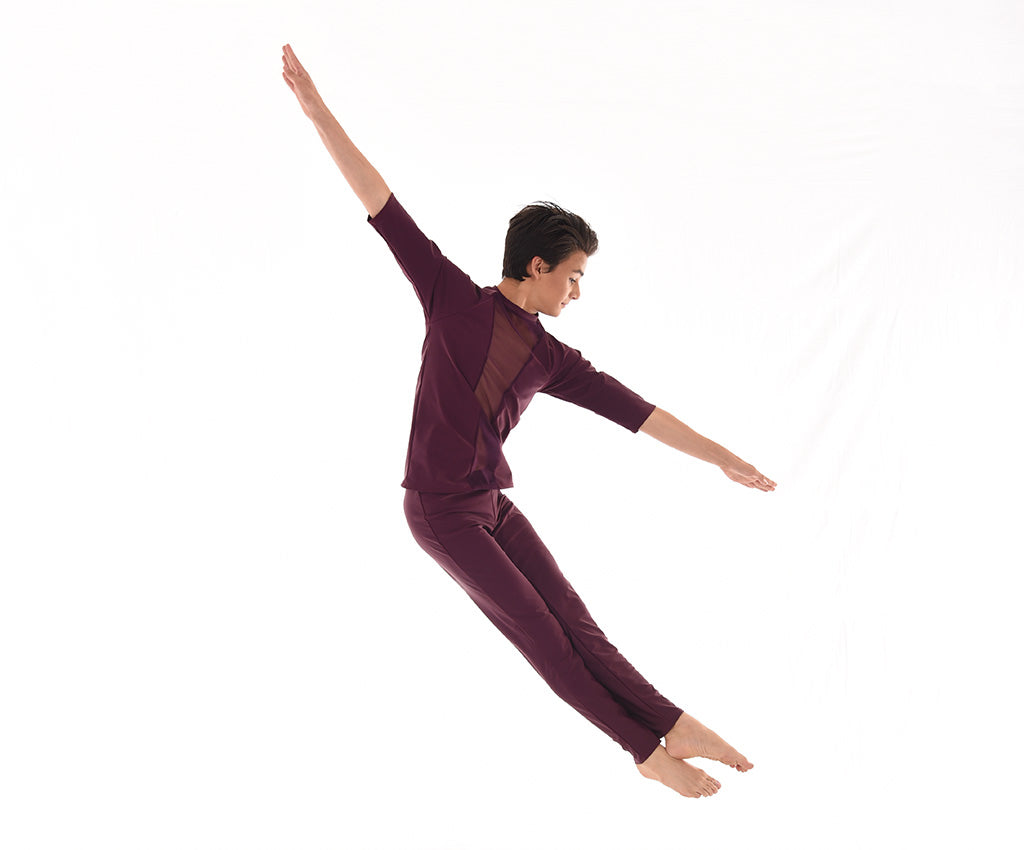 Boys Convention Mesh Front Top, Boys Fitted Dance Pants, Burgundy