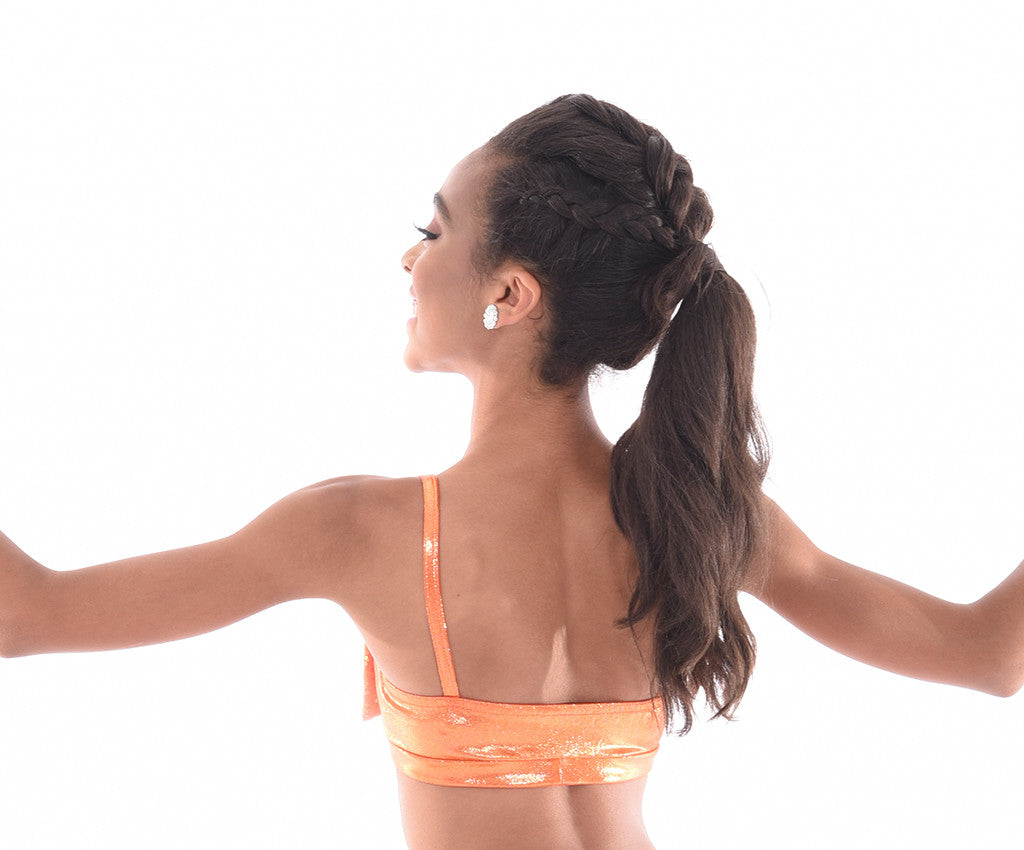 Kaleidoscope Adora-bow Bra Top, Orange, Rhinestone Floral Earrings, Back