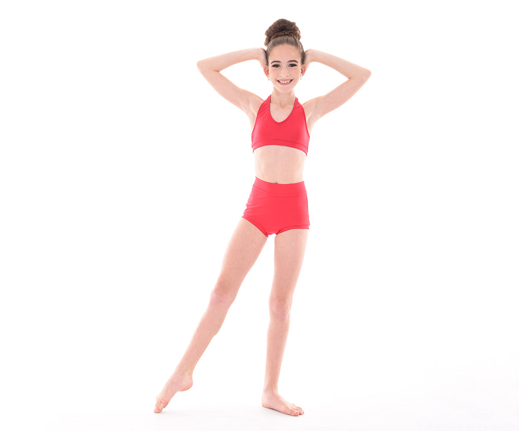 Lycra Halter Crop Top, Lycra High Waist Hot Shorts, Red